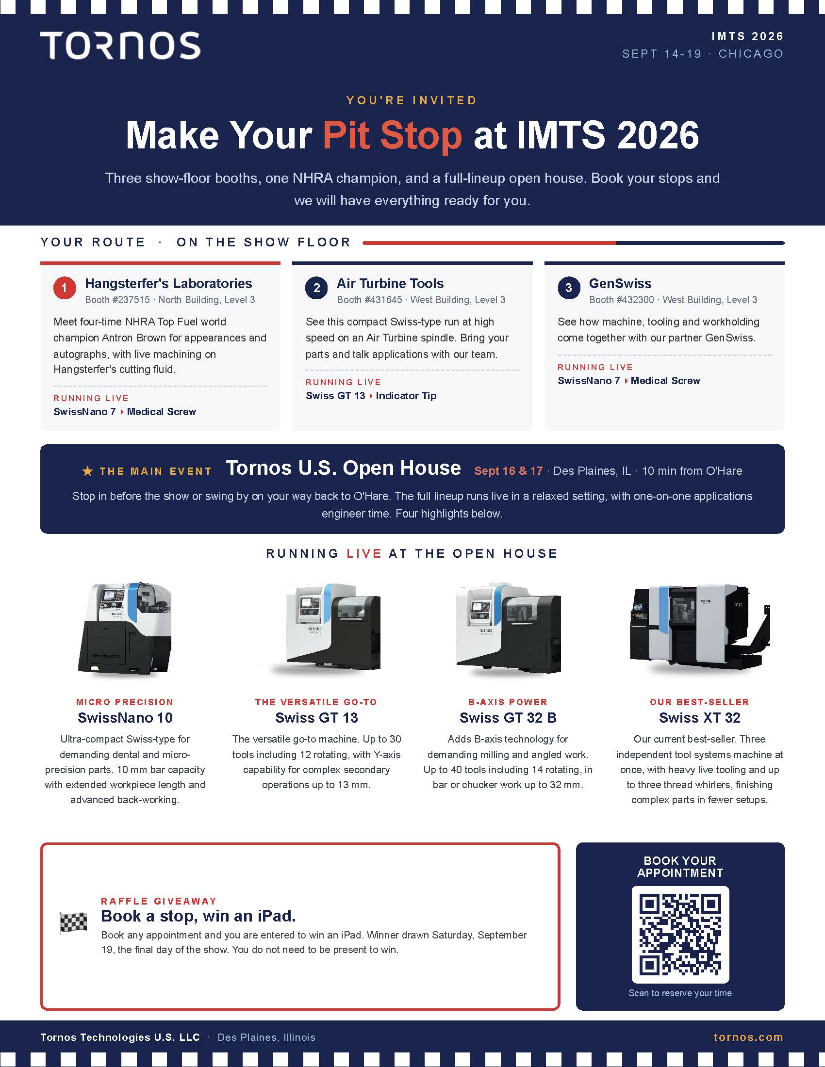 Make your pit stop at IMTS 2026 — three Tornos booths, live machines, and the U.S. Open House. Click to book your appointment.